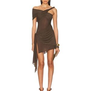 Ronny Kobo Izel Brown Asymmetrical Ruched Cocktail Dress